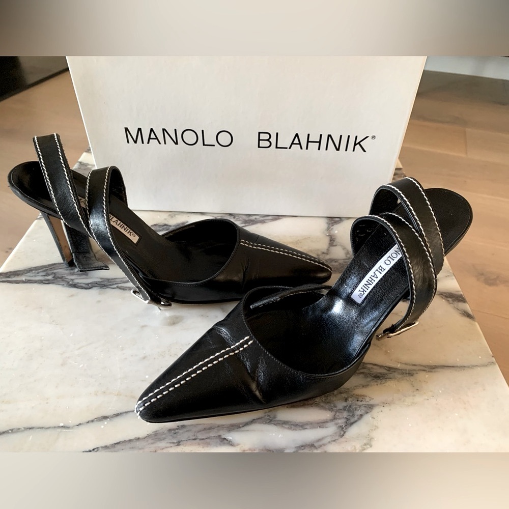 Manolo Blahnik Black Leather Heels with White Stitching